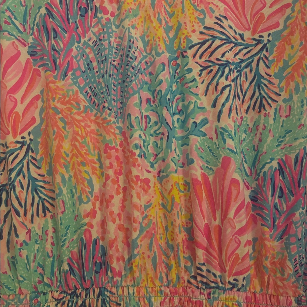 Lilly Pulitzer Smock Waist Flutter Sleeve Romper in Colorful Coral print - Picture 2 of 5